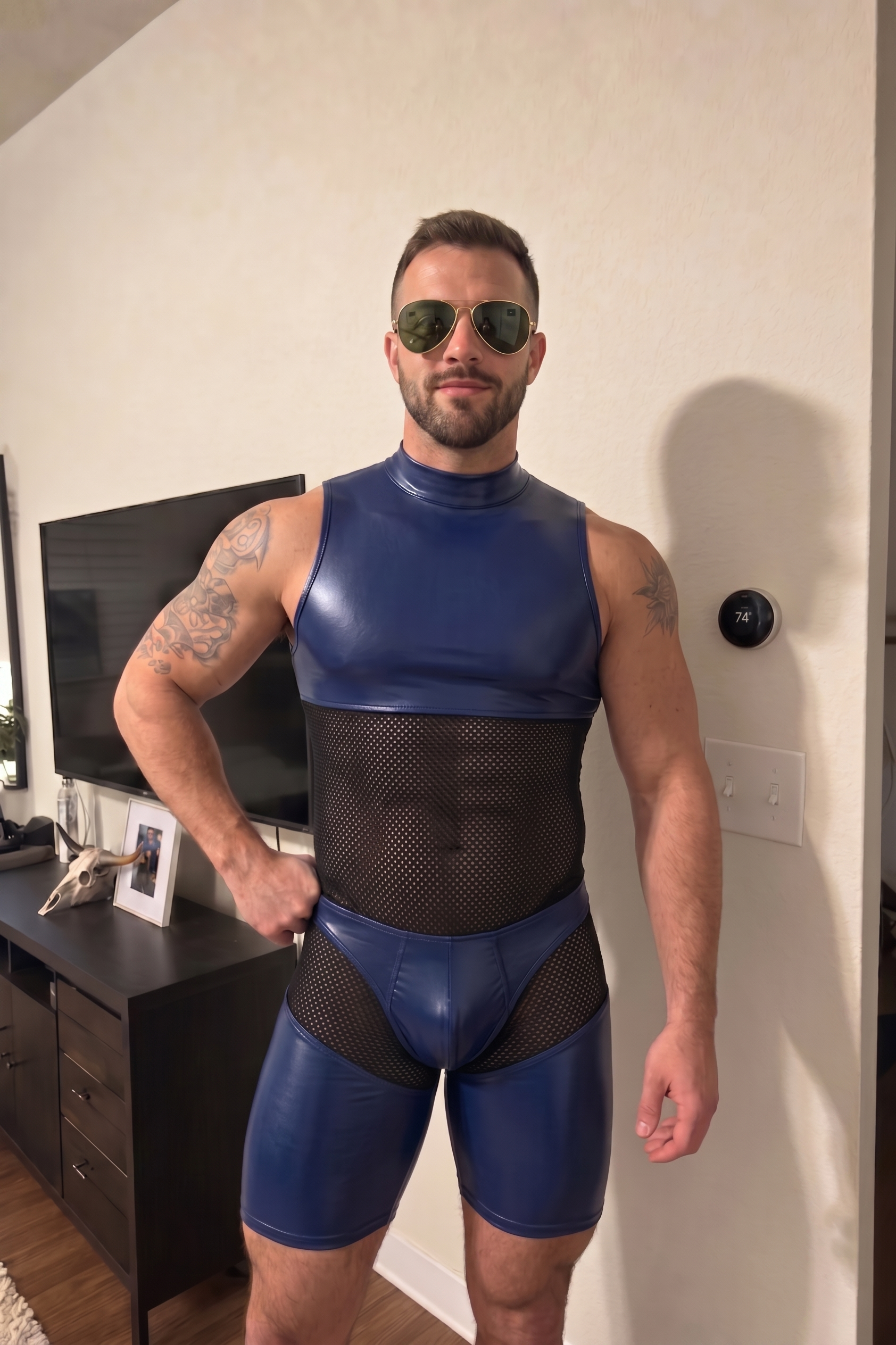 Joylgbt Men’s Blue Black High-Neck Bodysuit Shorts