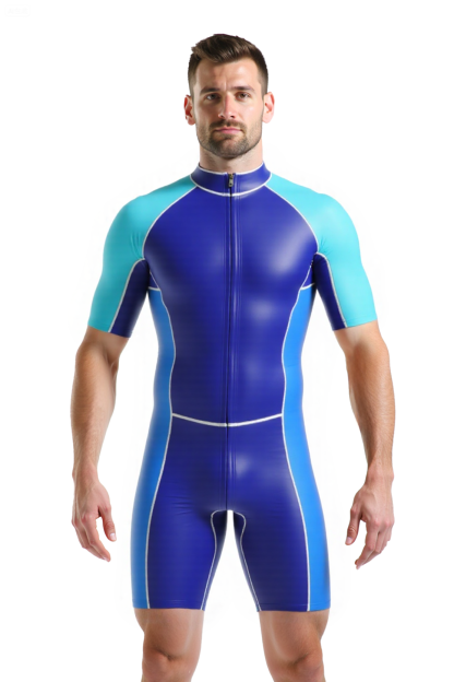 Joylgbt Two-Tone Blue PU Leather Bodysuit – Gloss Finish with Front Zipper & Rear Access