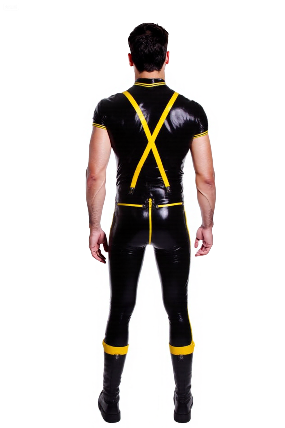 Men’s Glossy Black and Yellow Full Bodysuit with Harness Straps – Fetish Clubwear Jumpsuit