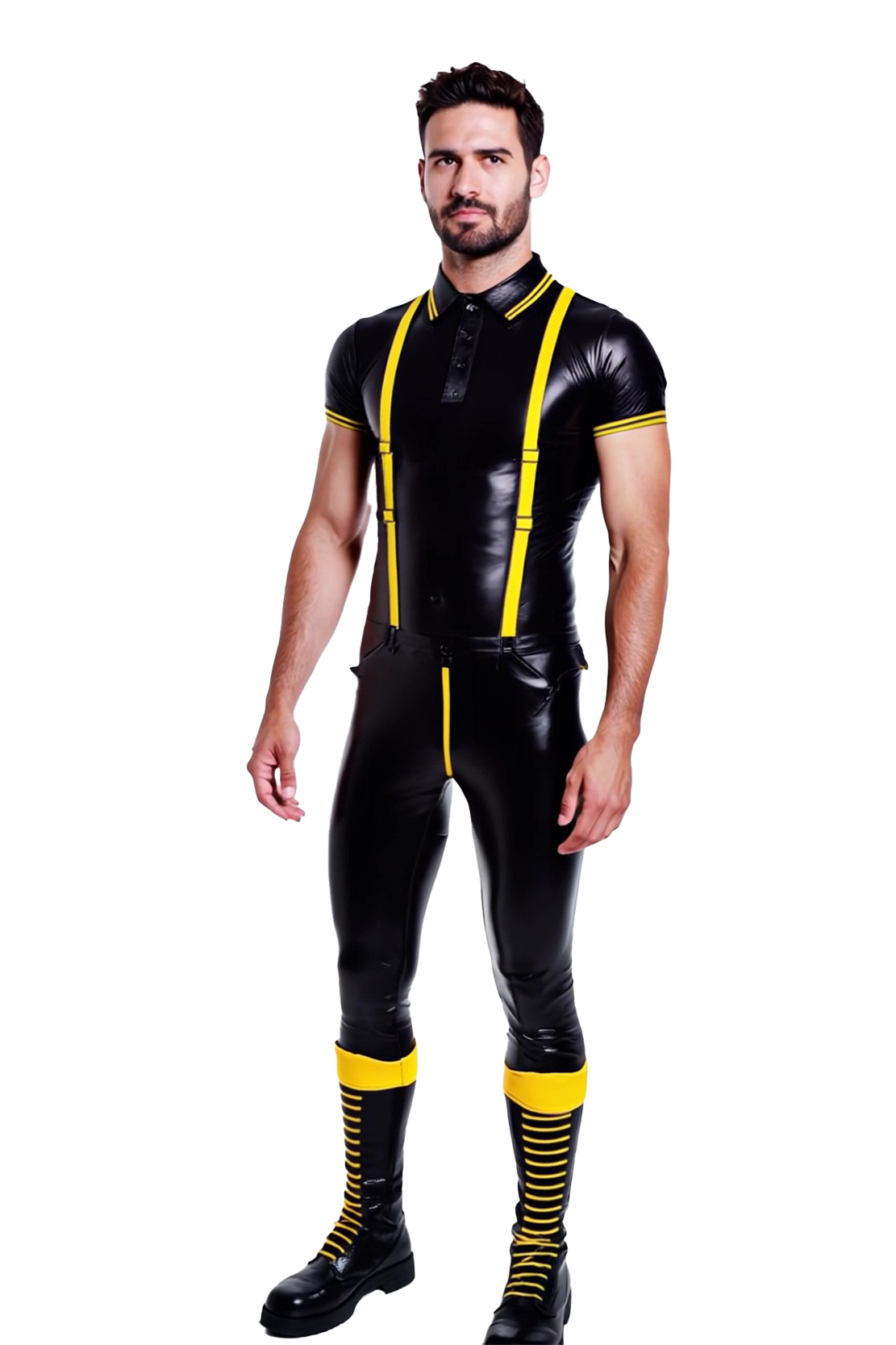 Men’s Glossy Black and Yellow Full Bodysuit with Harness Straps – Fetish Clubwear Jumpsuit