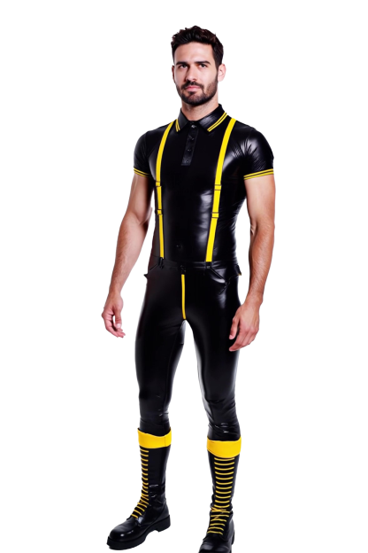 Men’s Glossy Black and Yellow Full Bodysuit with Harness Straps – Fetish Clubwear Jumpsuit