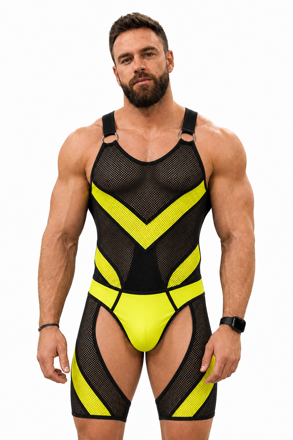 Joylgbt Men’s Black Yellow Mesh Bodysuit Shorts