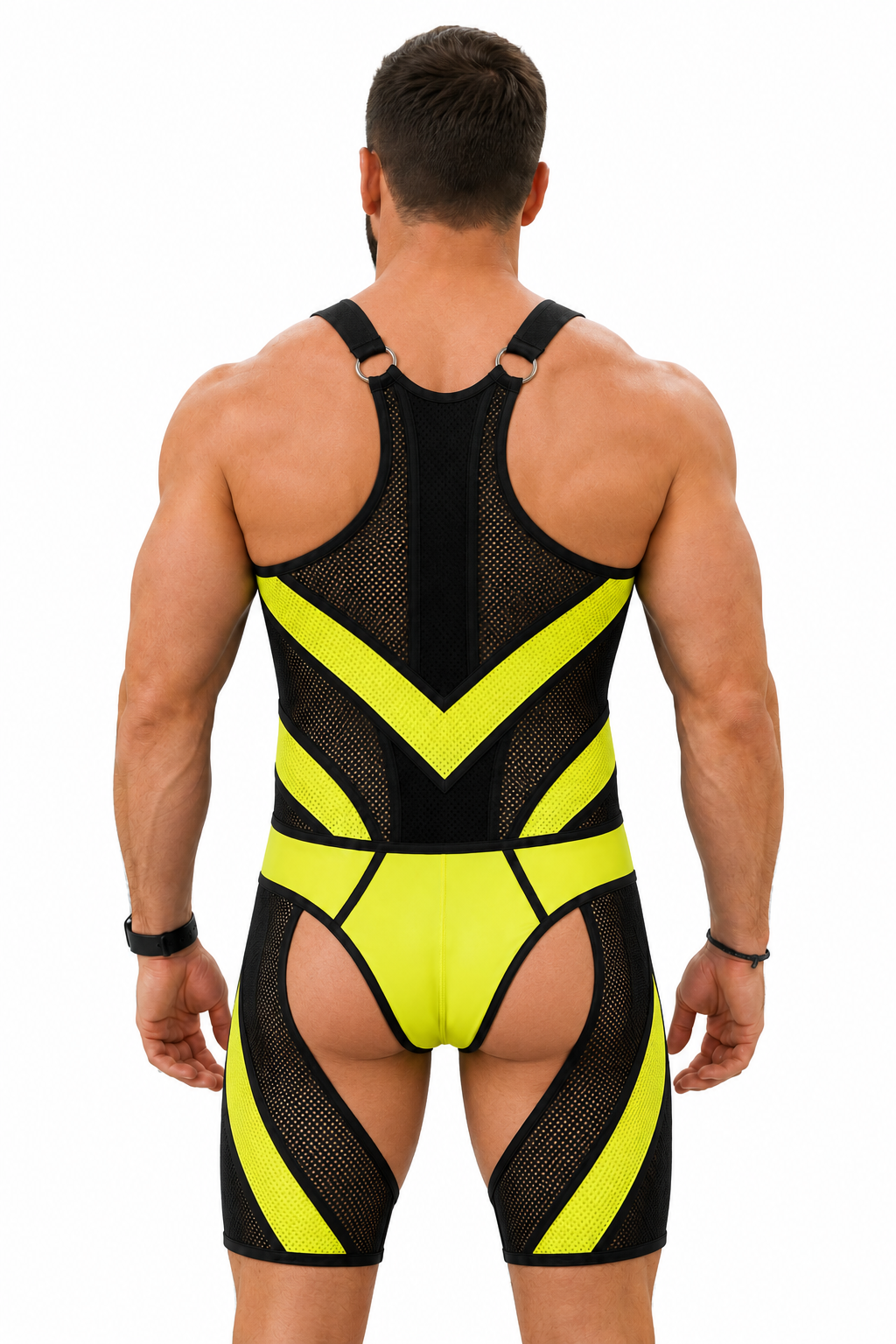Joylgbt Men’s Black Yellow Mesh Bodysuit Shorts