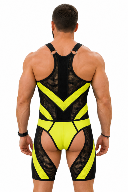Joylgbt Men’s Black Yellow Mesh Bodysuit Shorts