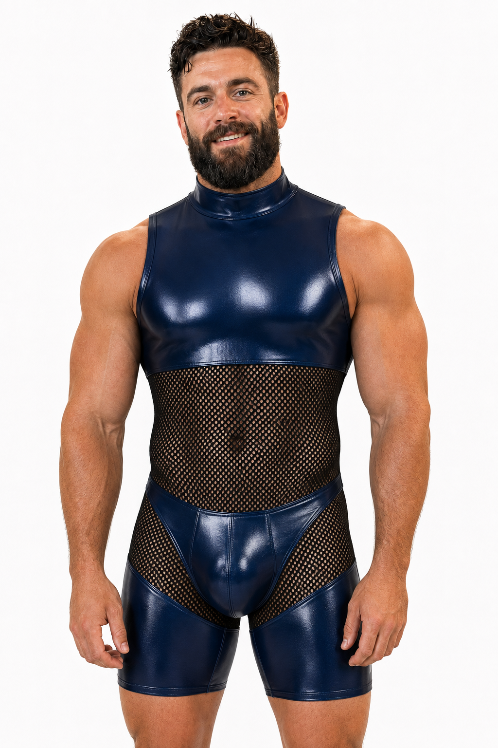 Joylgbt Men’s Blue Black High-Neck Mesh Bodysuit Shorts