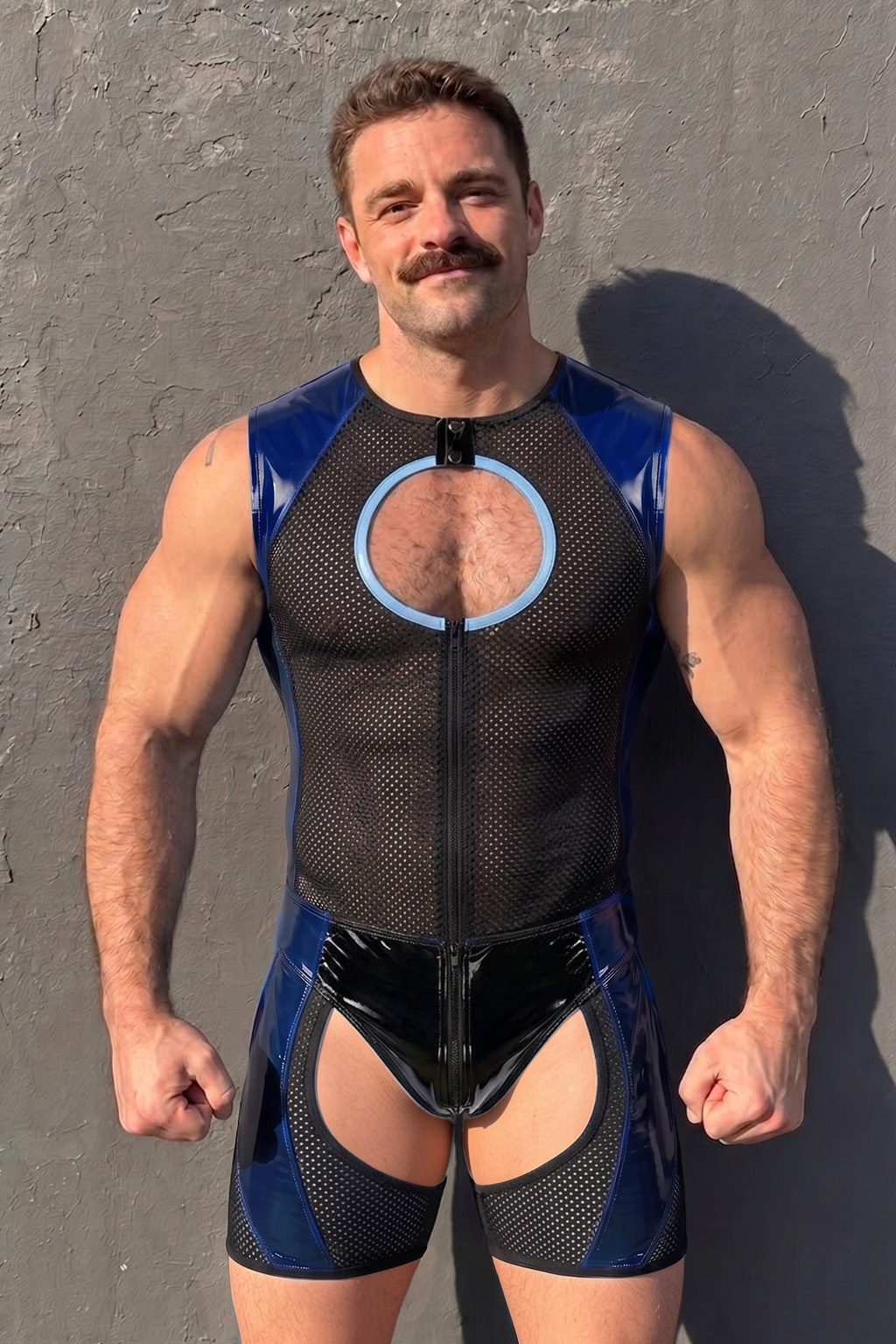 Joylgbt Men’s Blue Black Mesh Cut-Out Bodysuit Shorts