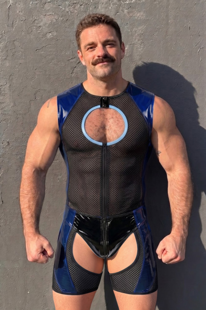 Joylgbt Men’s Blue Black Mesh Cut-Out Bodysuit Shorts