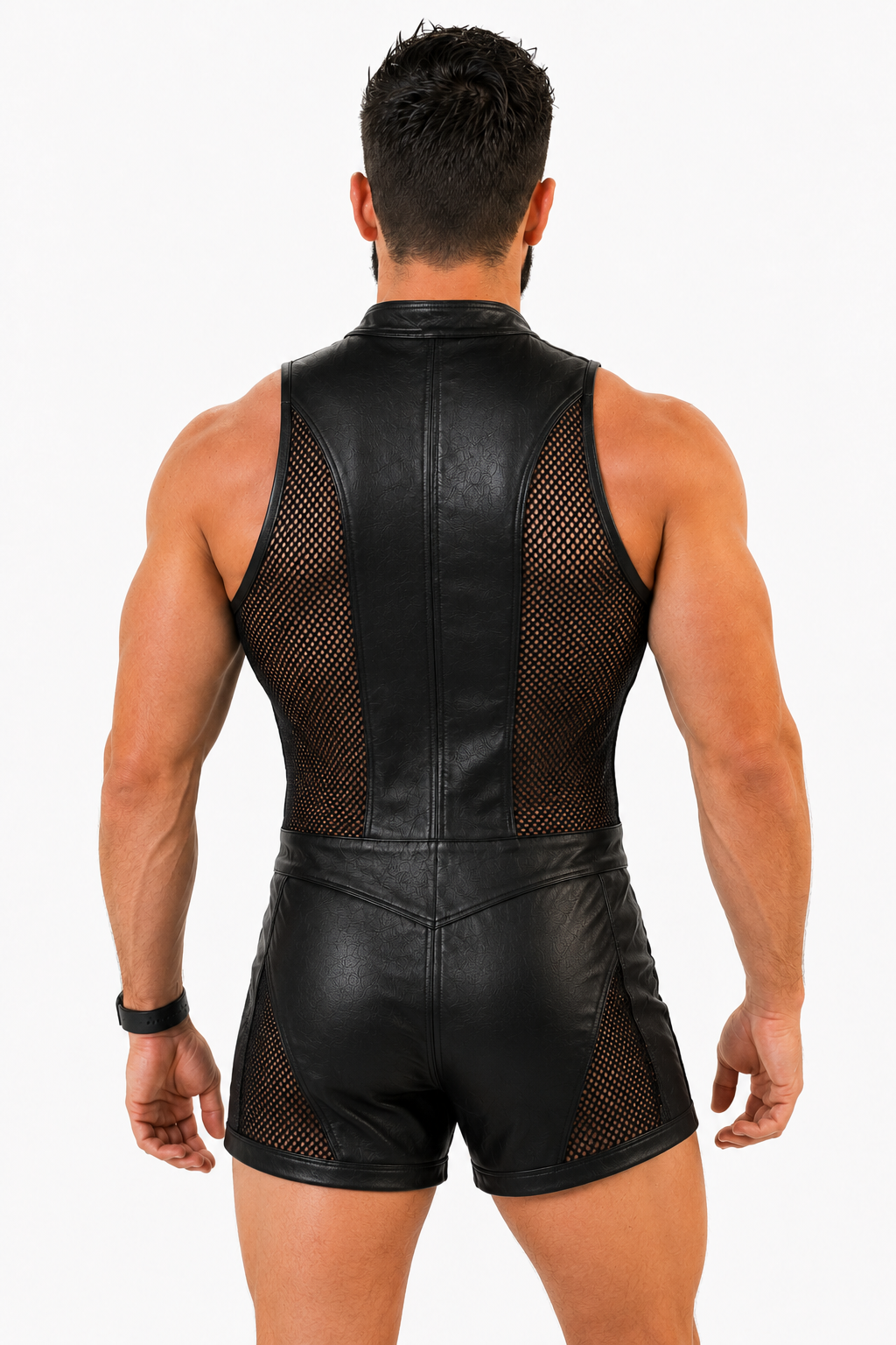 Joylgbt Men’s Blue Black High-Neck Sheer Bodysuit Shorts