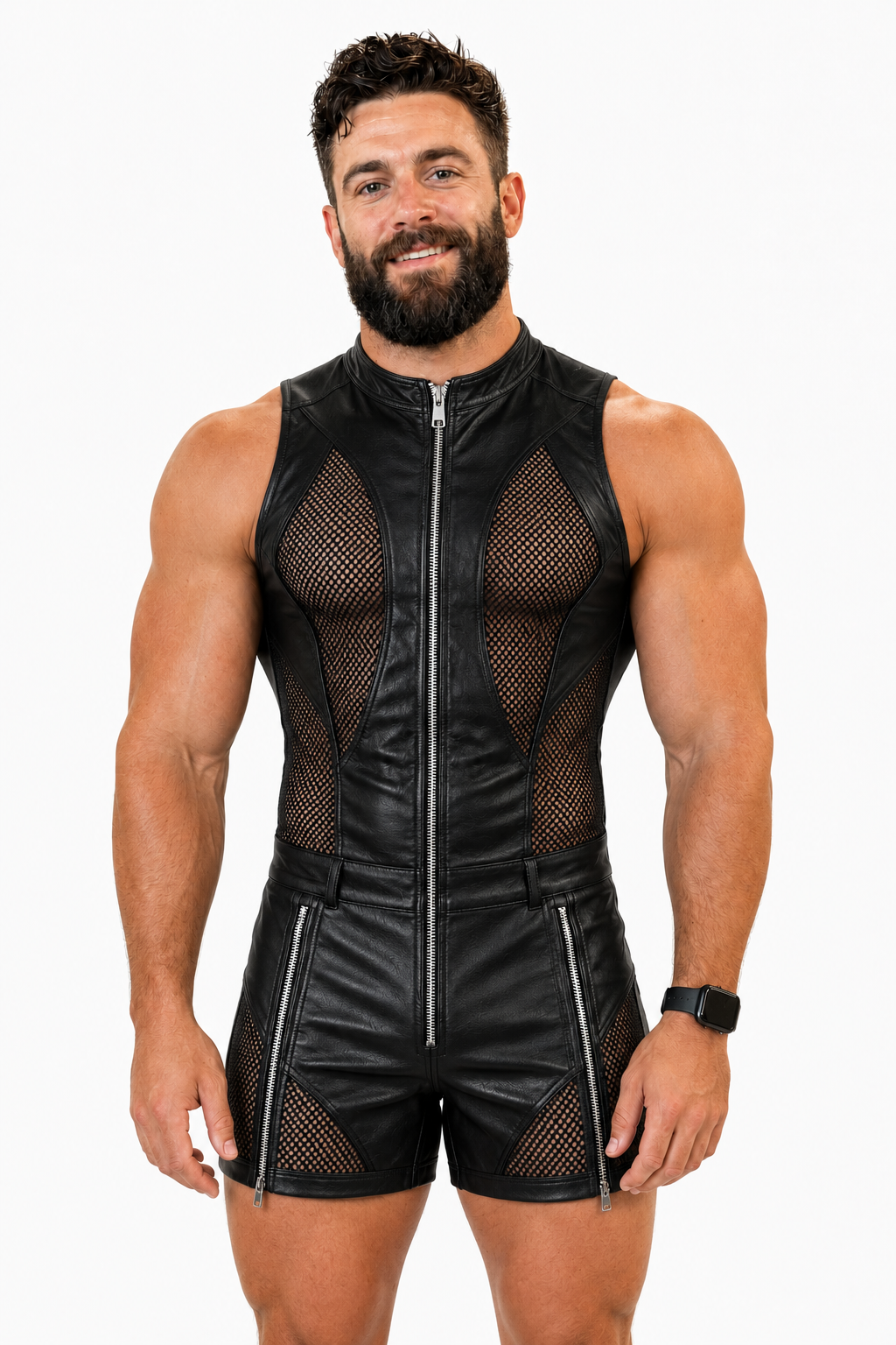 Joylgbt Men’s Blue Black High-Neck Sheer Bodysuit Shorts