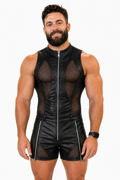 Joylgbt Men’s Blue Black High-Neck Sheer Bodysuit Shorts