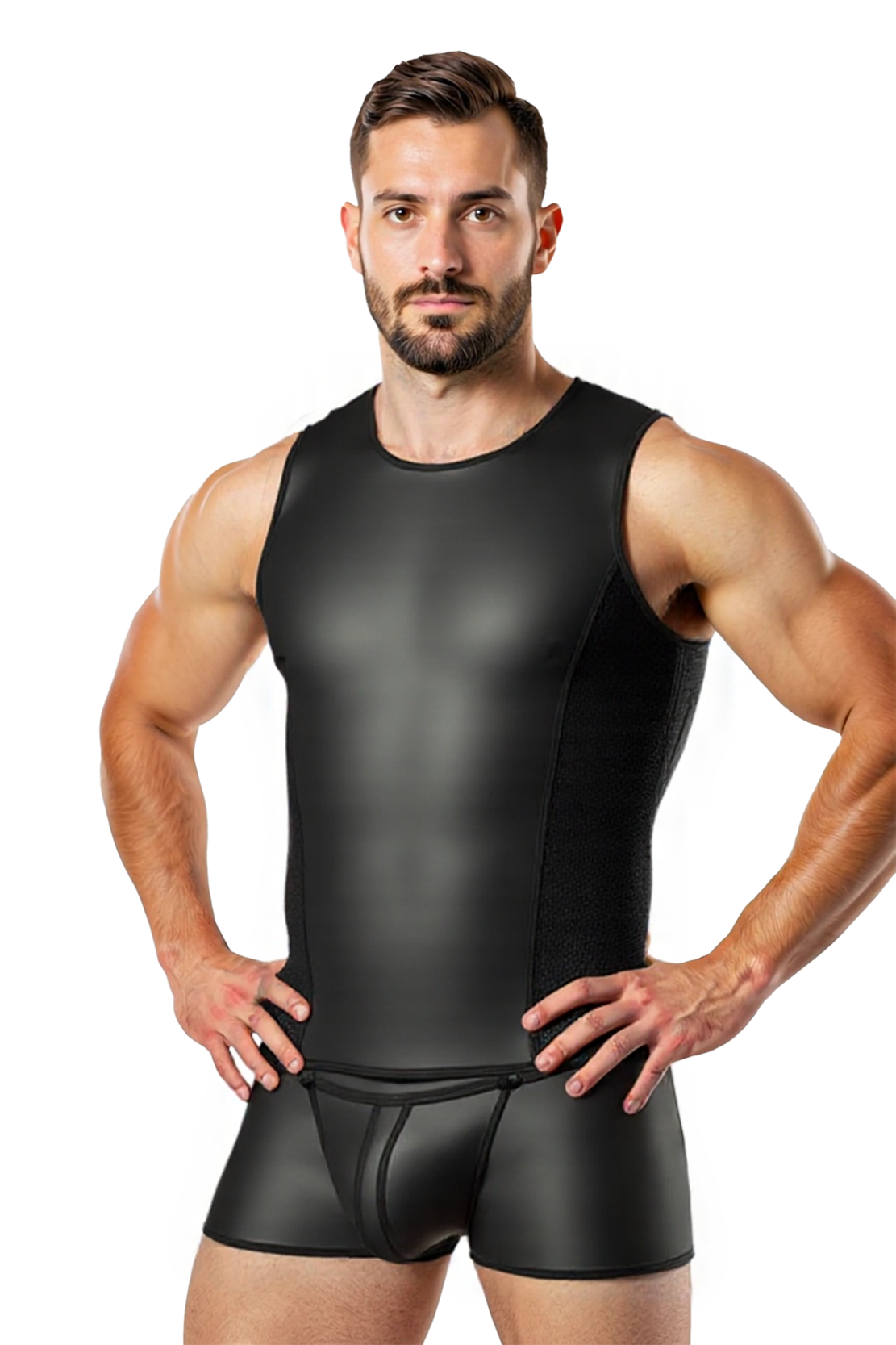 Joylgbt Men's Faux Leather One-Piece Bodysuit – Sleeveless Black & Blue Muscle Fit