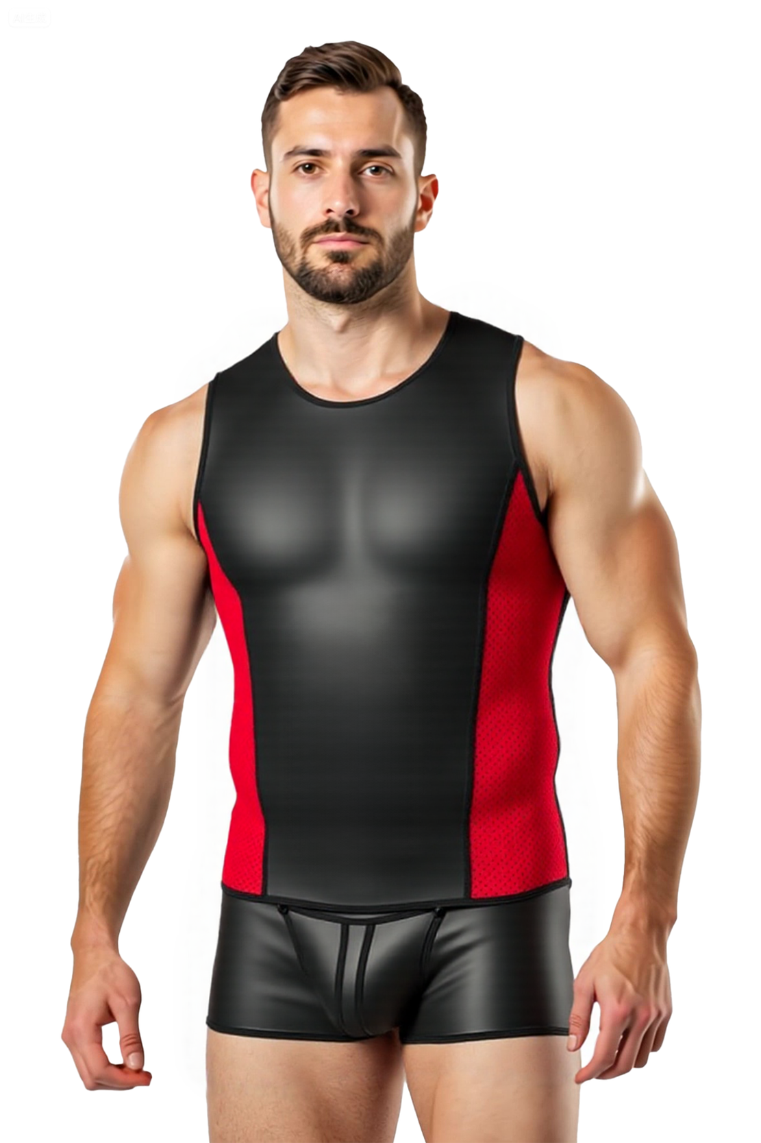 JOYLGBT Men's Red Mesh Panel Faux Leather Bodysuit – Sleeveless Zipper Back Fetish Wear