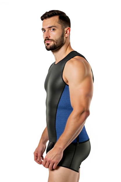 JoylgbtMen's Faux Leather One-Piece Bodysuit – Sleeveless Black & Blue Muscle Fit