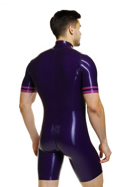 Men's Leather-Look Bodysuit - High-Shine Purple Catsuit with Stripes & Front Zip
