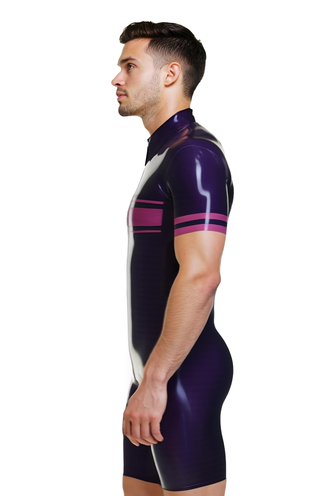 Men's Leather-Look Bodysuit - High-Shine Purple Catsuit with Stripes & Front Zip