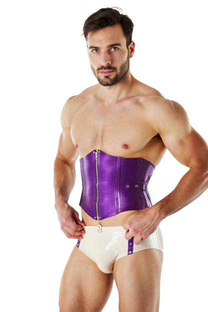 Purple Shiny Leather Corset & Studded Briefs Set – Kinky Waist Trainer with Matching Fetish-Inspired Underwear