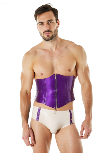 Purple Shiny Leather Corset & Studded Briefs Set – Kinky Waist Trainer with Matching Fetish-Inspired Underwear