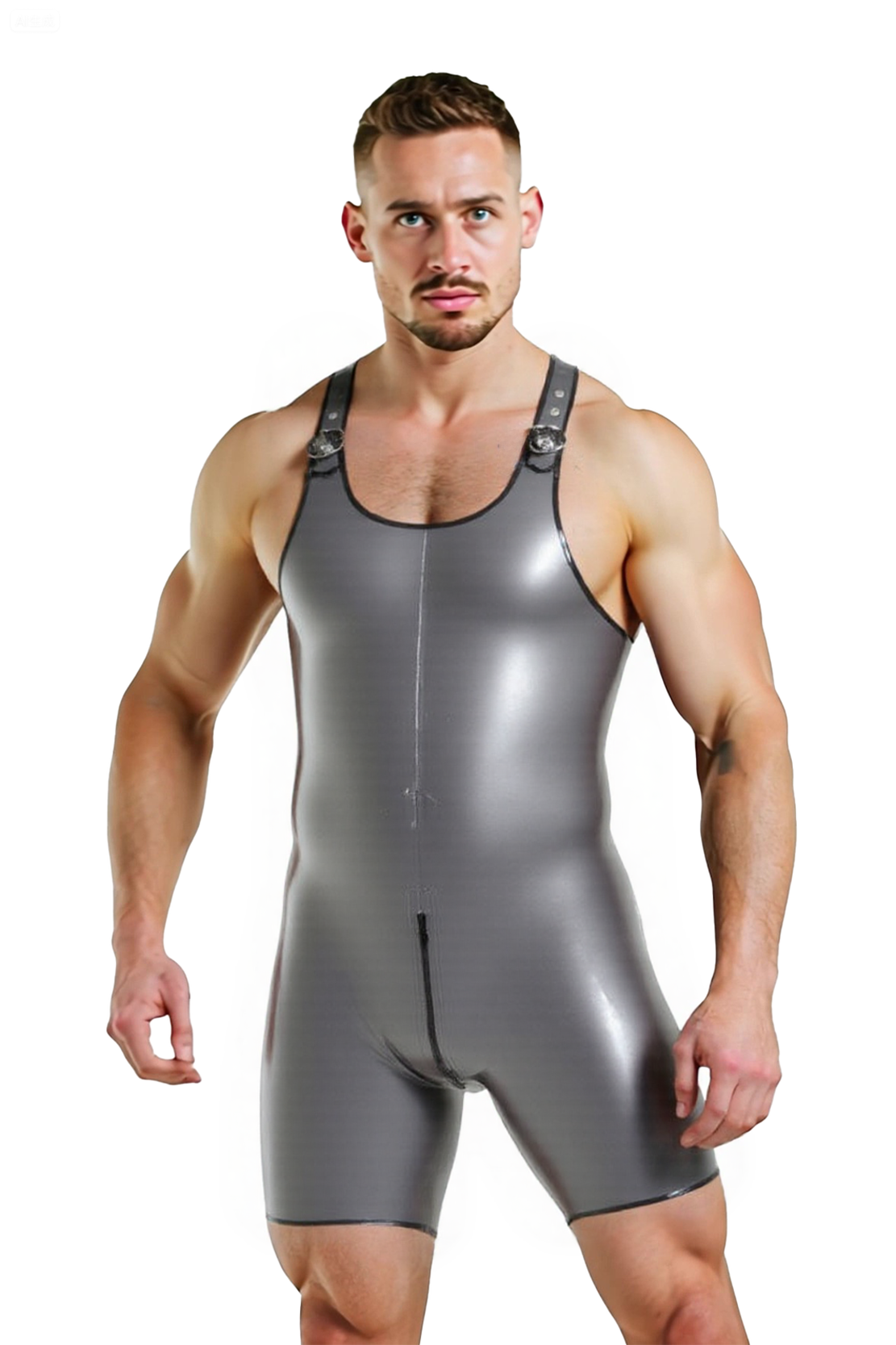 Men’s Faux Leather Zipper Bodysuit with Shoulder Buckles – Sexy Muscle Fit One-Piece Romper