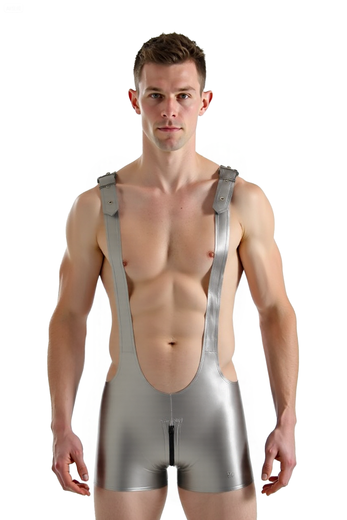 Men’s Faux Leather Silver Harness Bodysuit – Shiny Suspender Romper with Front & Back Zippers, Sexy Gay Clubwear