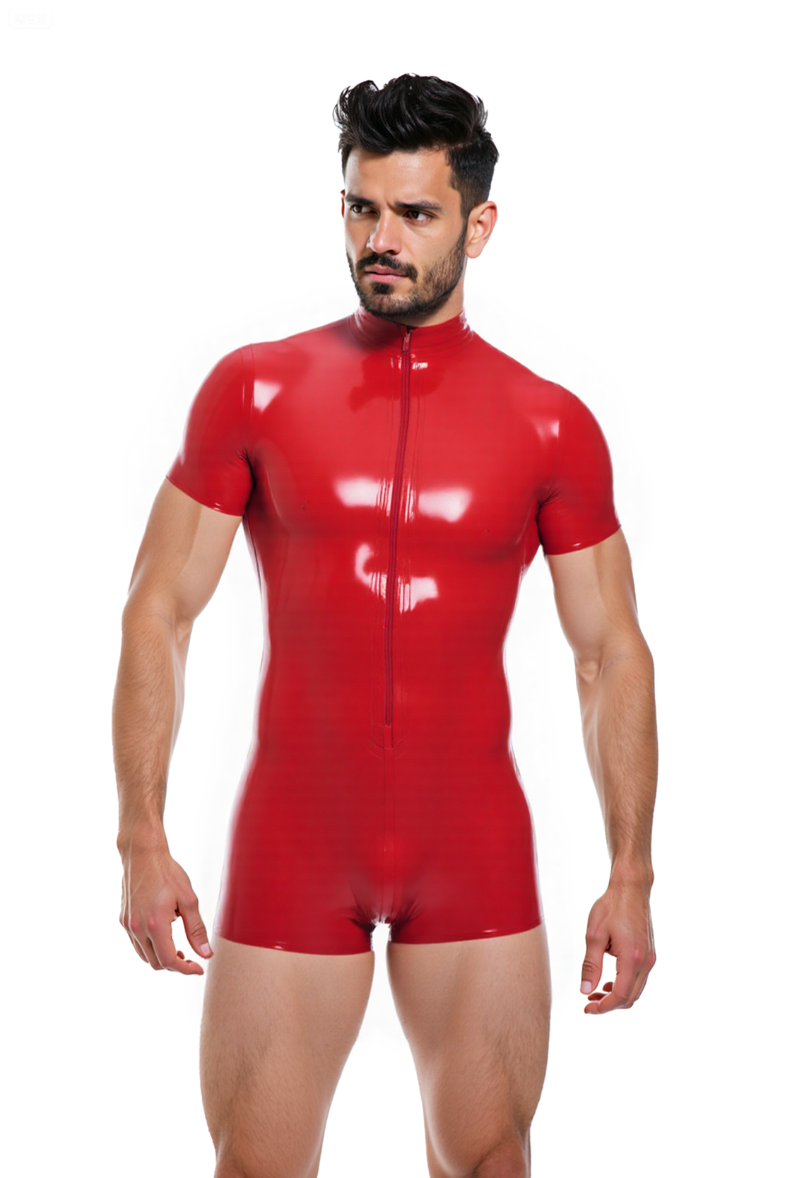 Men's Red Faux Leather Short Catsuit with Backless Cutout – Sexy Tight Fit One-Piece for Gay Clubwear & Fetish Roleplay