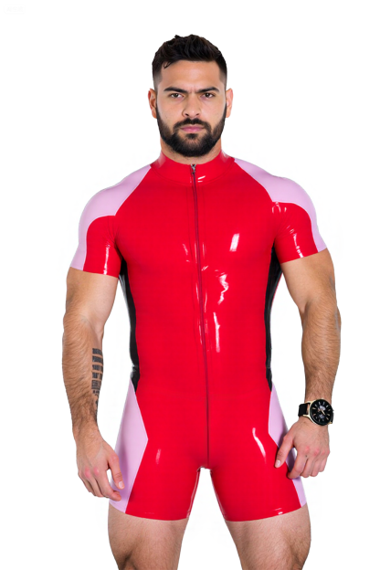 Men's Glossy Faux Leather Colorblock Bodysuit – Short Sleeve One-Piece in Black-Yellow or Red-Pink | Zipper Front Fetish Outfit for Gay Clubwear & Cosplay