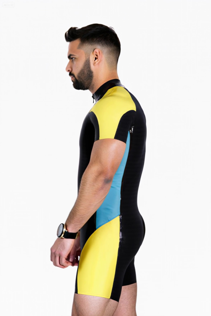 Men's Glossy Faux Leather Colorblock Bodysuit – Short Sleeve One-Piece in Black-Yellow or Red-Pink | Zipper Front Fetish Outfit for Gay Clubwear & Cosplay
