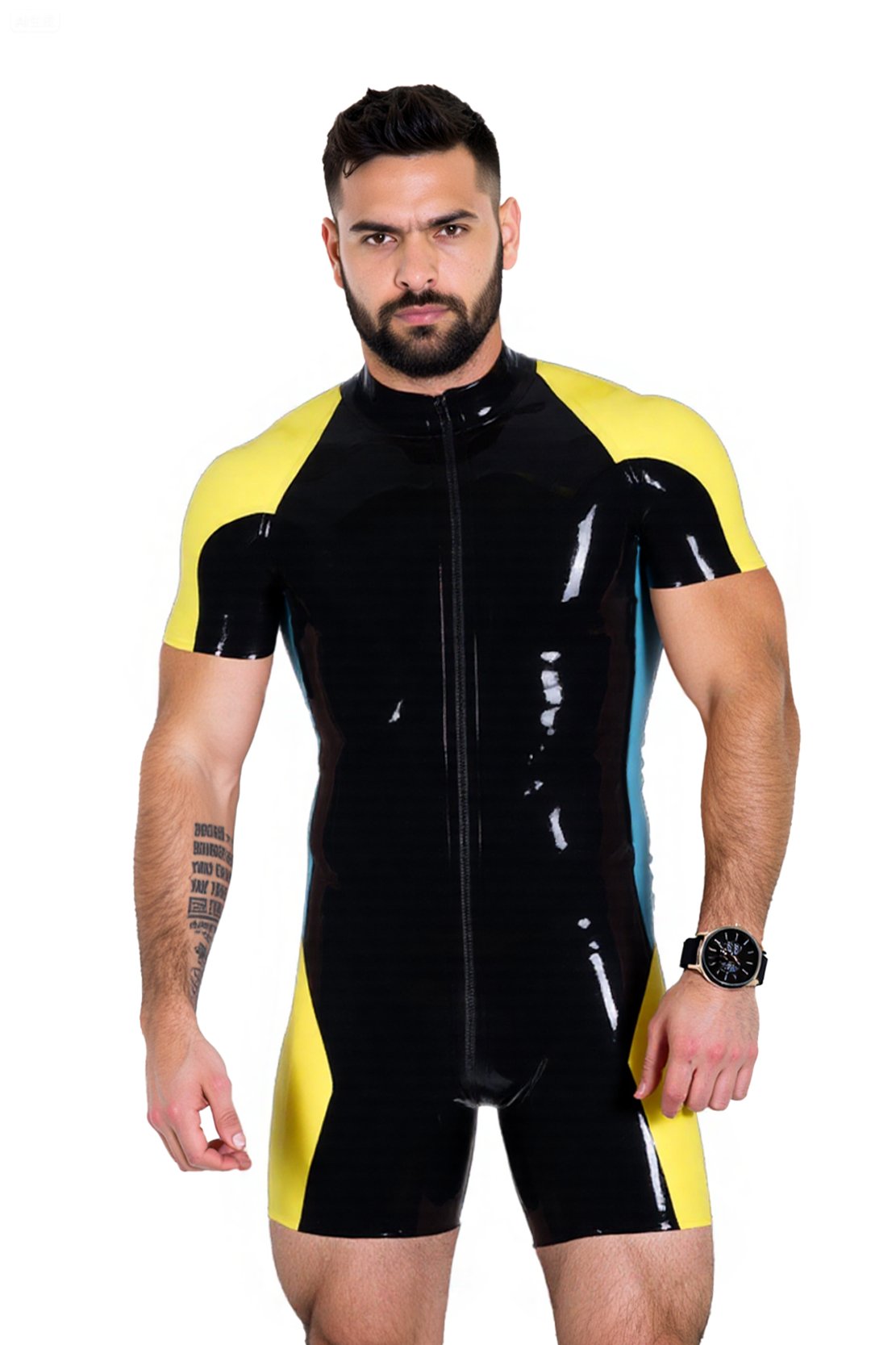 Men's Glossy Faux Leather Colorblock Bodysuit – Short Sleeve One-Piece in Black-Yellow or Red-Pink | Zipper Front Fetish Outfit for Gay Clubwear & Cosplay