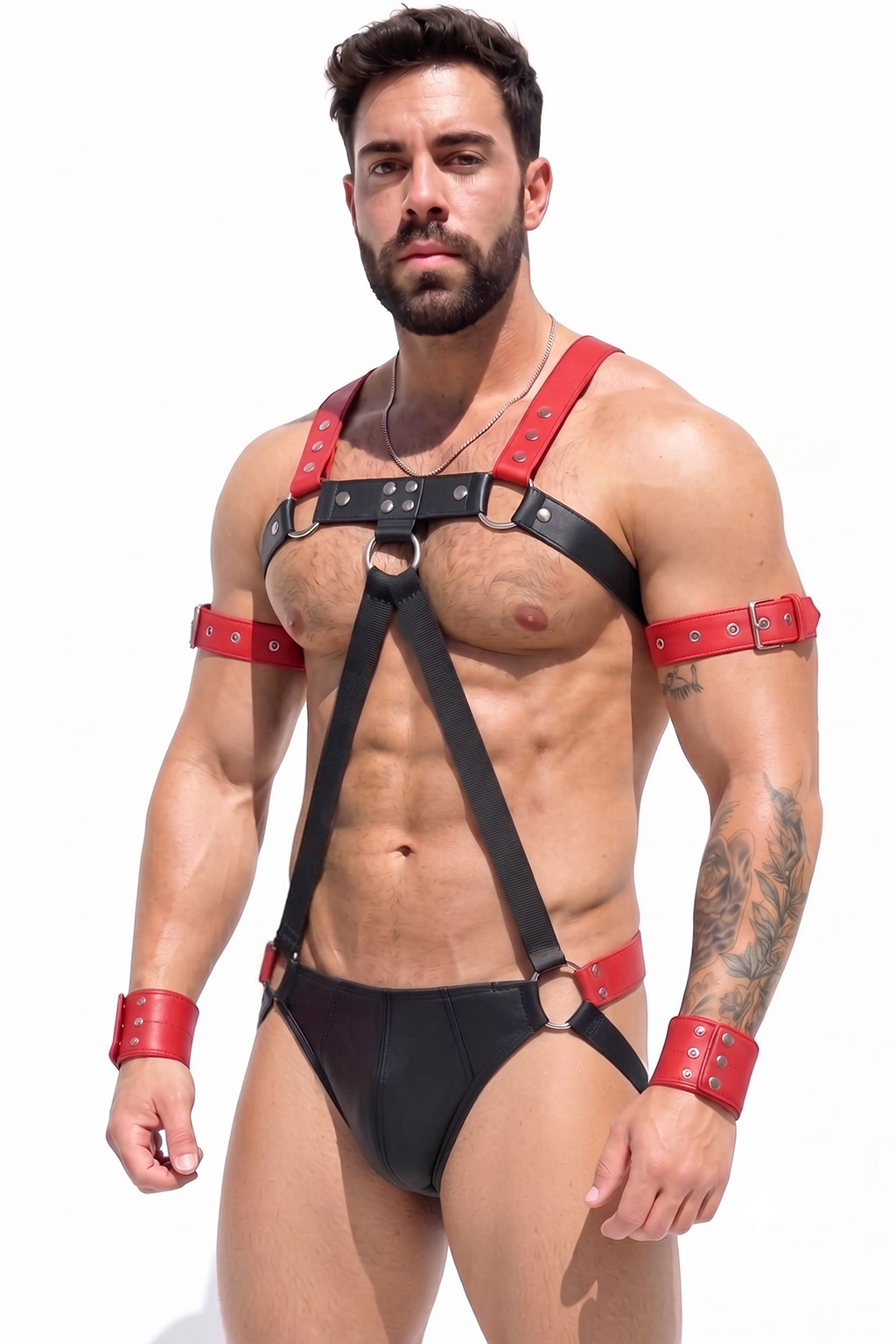 Joy-lgbt Men’s Red Black Faux Leather Contrast Harness Set