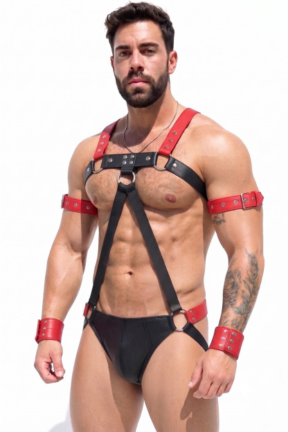 Joy-lgbt Men’s Red Black Faux Leather Contrast Harness Set