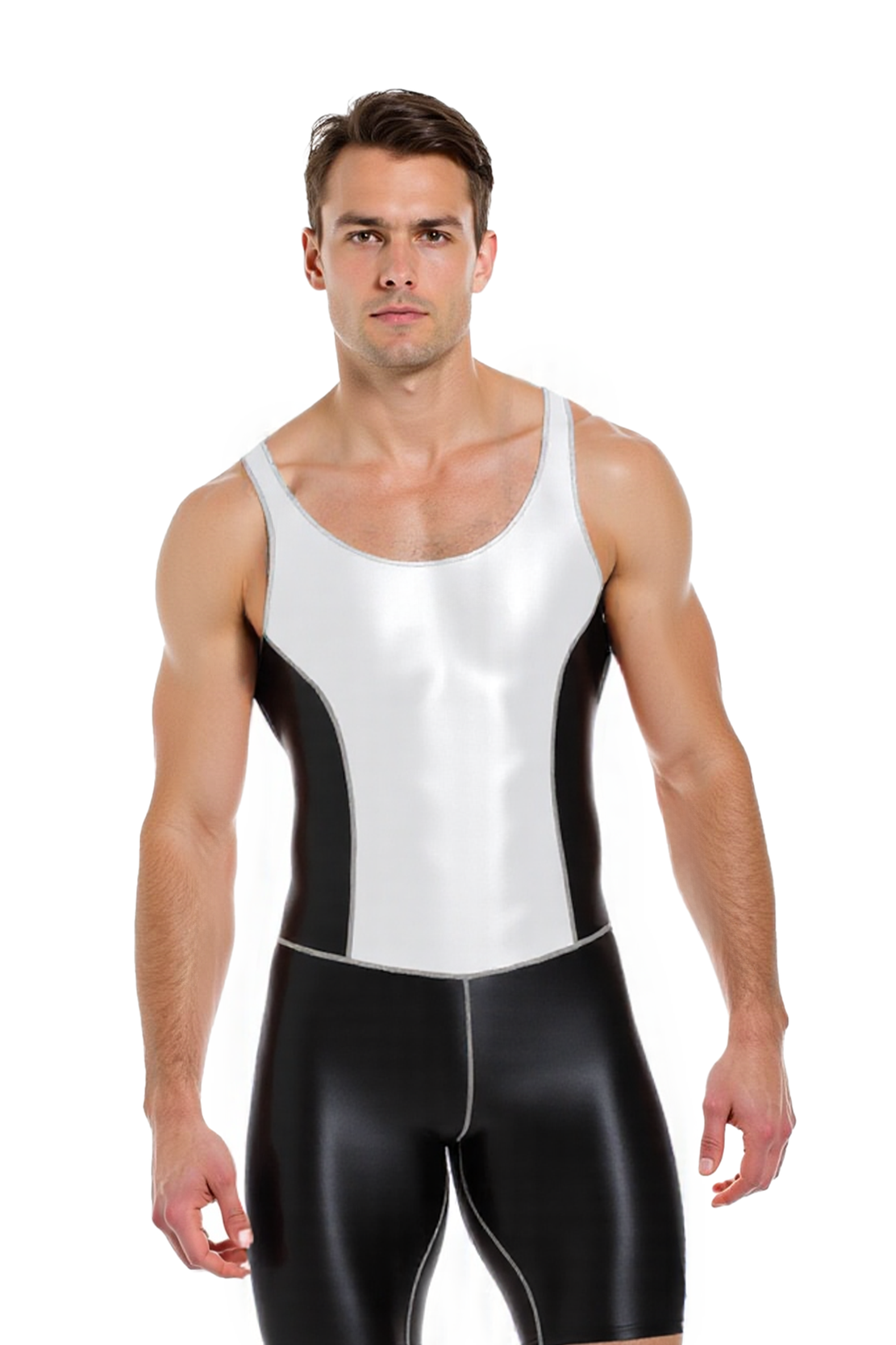 Men’s Black and White Spandex Bodysuit – Tight Fit Stretch Singlet with Back Zipper for Sporty Fetish or Clubwear
