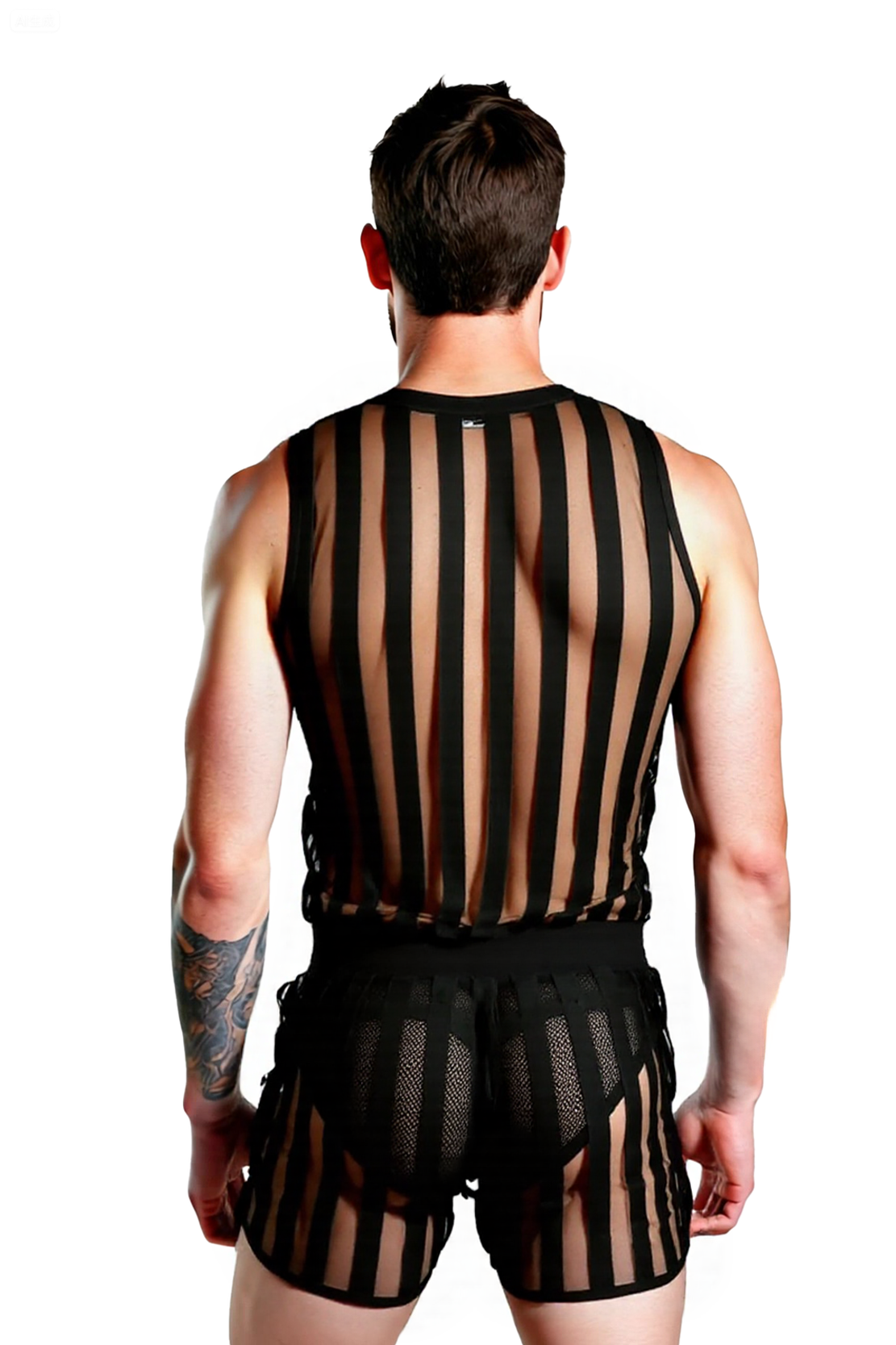 Joylgbt Men's Sheer Mesh Stripe Tank Top and Shorts Set – Sexy See-Through Clubwear Loungewear for Gay Men