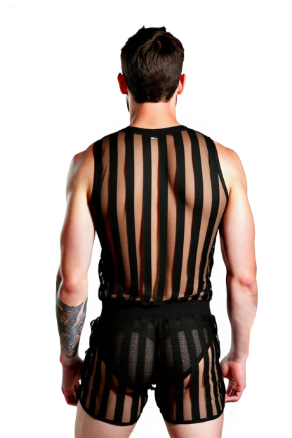 Joylgbt Men's Sheer Mesh Stripe Tank Top and Shorts Set – Sexy See-Through Clubwear Loungewear for Gay Men
