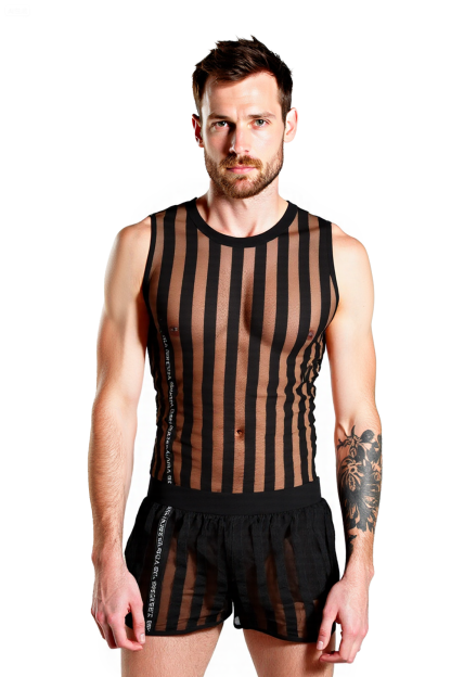 Joylgbt Men's Sheer Mesh Stripe Tank Top and Shorts Set – Sexy See-Through Clubwear Loungewear for Gay Men