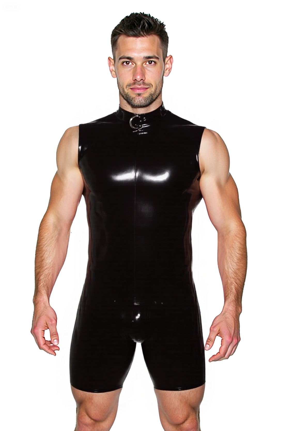 Joylgbt Men's Faux Leather Sleeveless Bodysuit with O-Ring Collar & Open Back – Sexy Zipper Romper for Roleplay & Clubwear