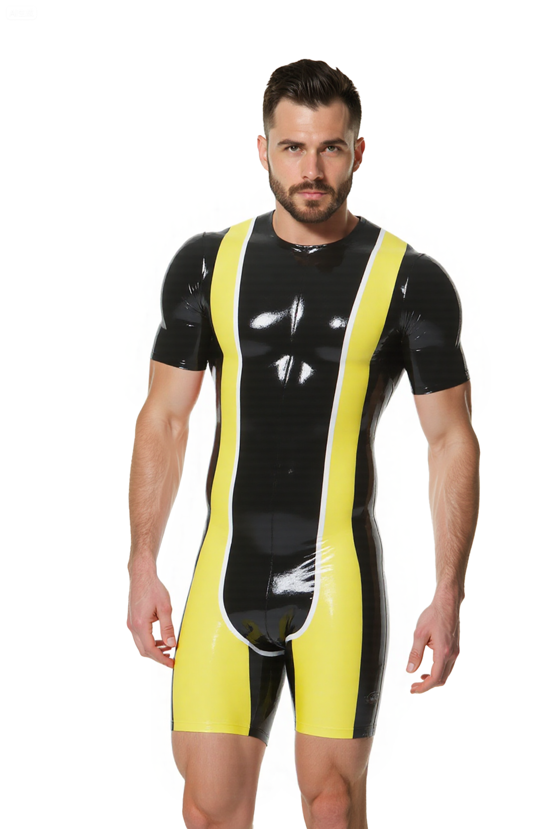 [Copy]Joylgbt's Glossy Red Deep-Cut PU Leather Singlet for Men – Sexy Sleeveless Bodysuit with Contrast Side Stripes