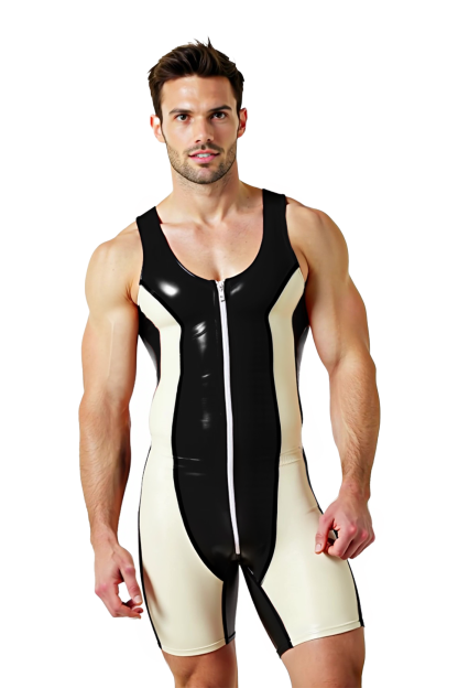 Men’s Glossy Faux Leather Zipper Bodysuit – Black & White Colorblock Sleeveless Romper for Gay Clubwear & Fetish Fashion