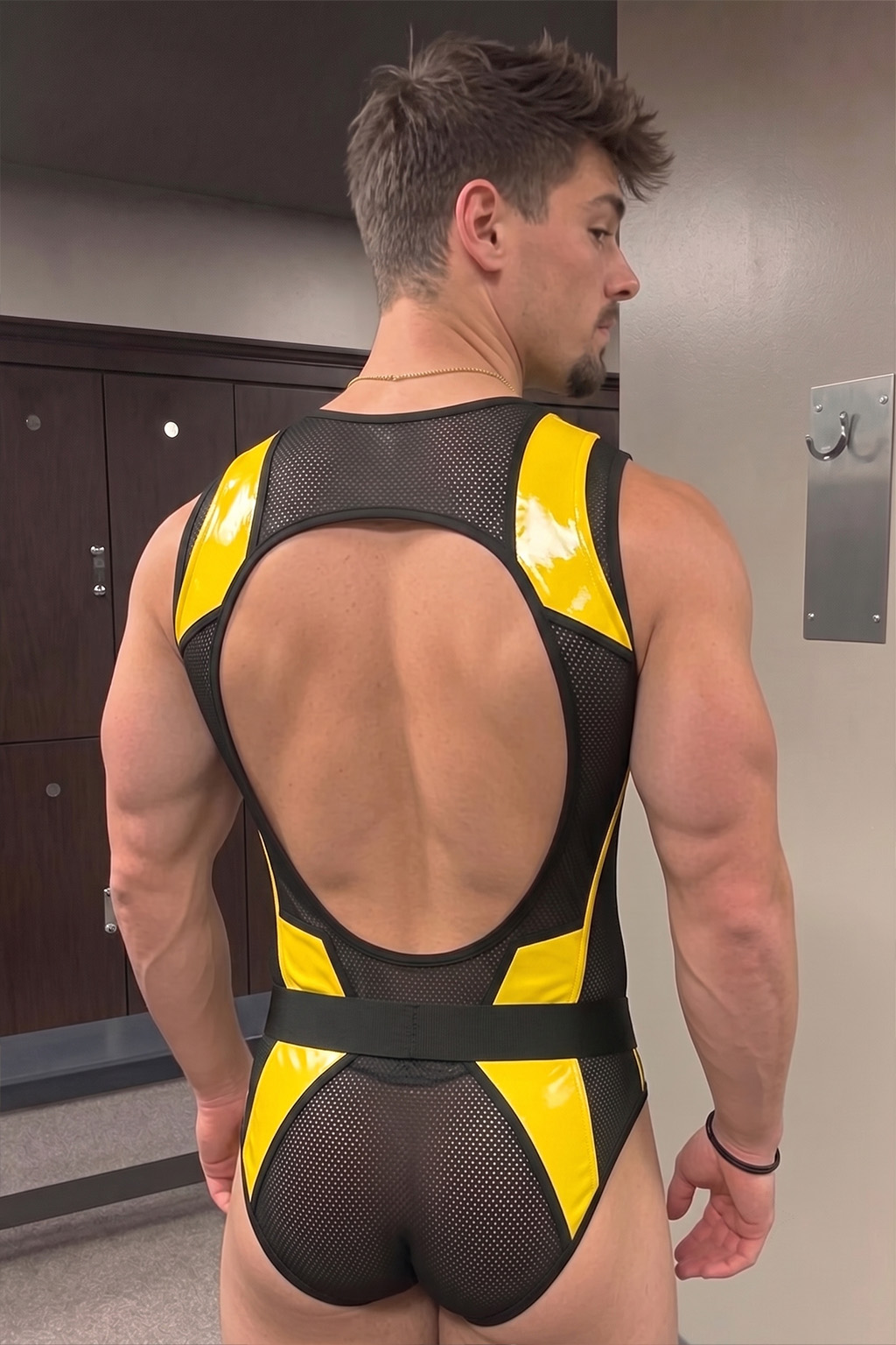 Joylgbt Men’s Yellow Black Mesh Cut-Out Belted Bodysuit