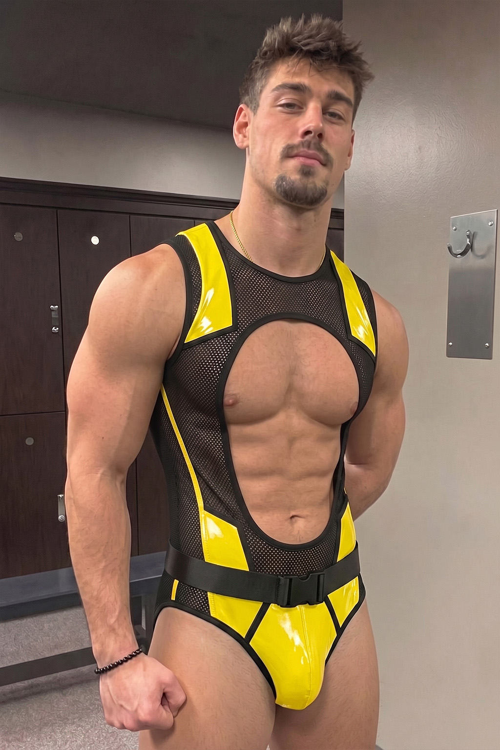 Joylgbt Men’s Yellow Black Mesh Cut-Out Belted Bodysuit