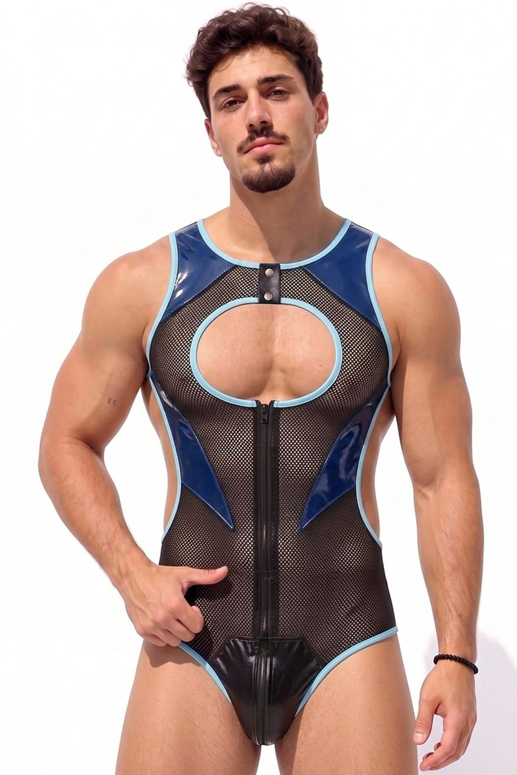 Joylgbt Men’s Blue Black Mesh Cut-Out Zip Bodysuit