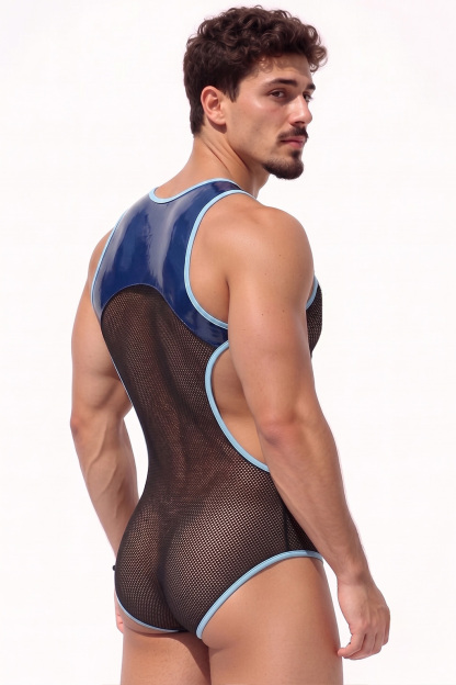 Joylgbt Men’s Blue Black Mesh Cut-Out Zip Bodysuit