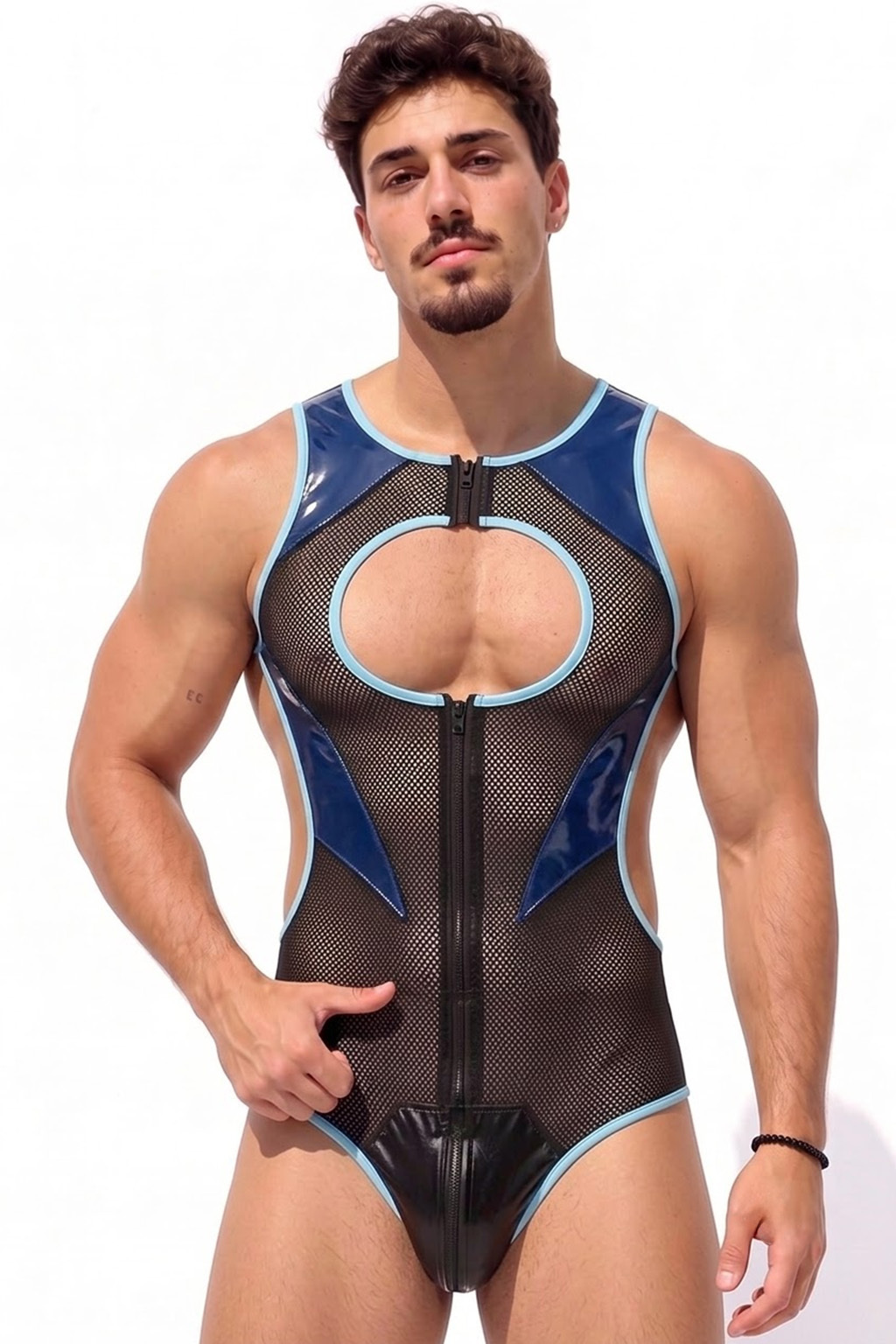 Joylgbt Men’s Blue Black Mesh Cut-Out Zip Bodysuit
