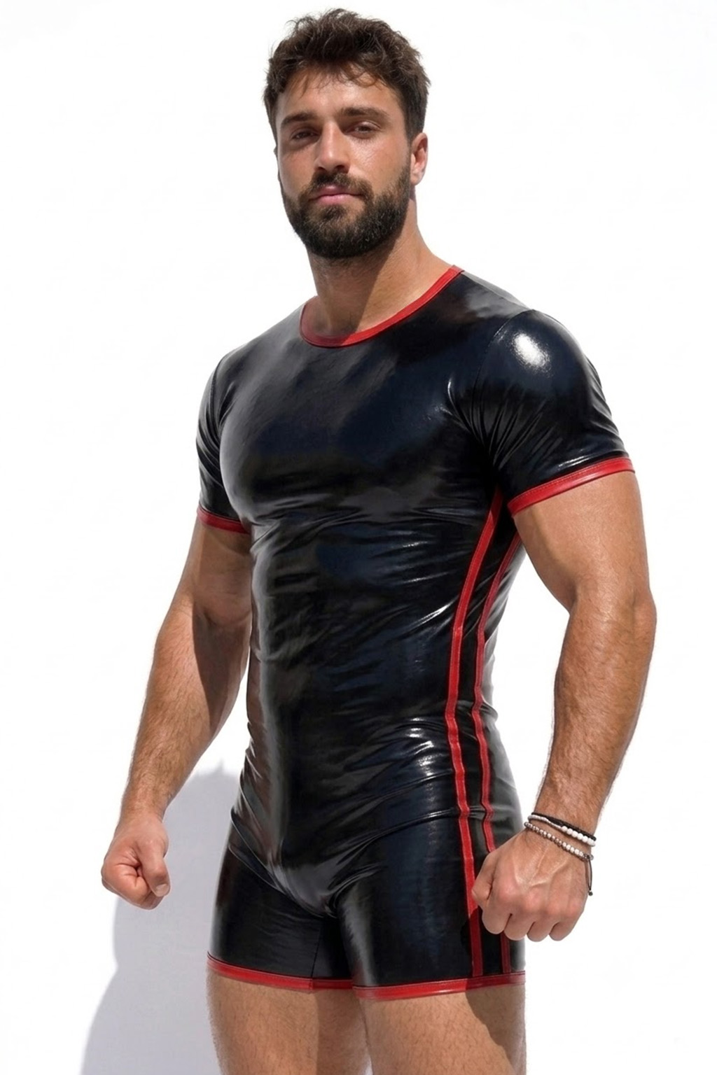 Joylgbt Men's Black & Red Short Sleeve Latex-Look Bodysuit
