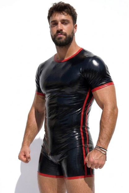 Joylgbt Men's Black & Red Short Sleeve Latex-Look Bodysuit
