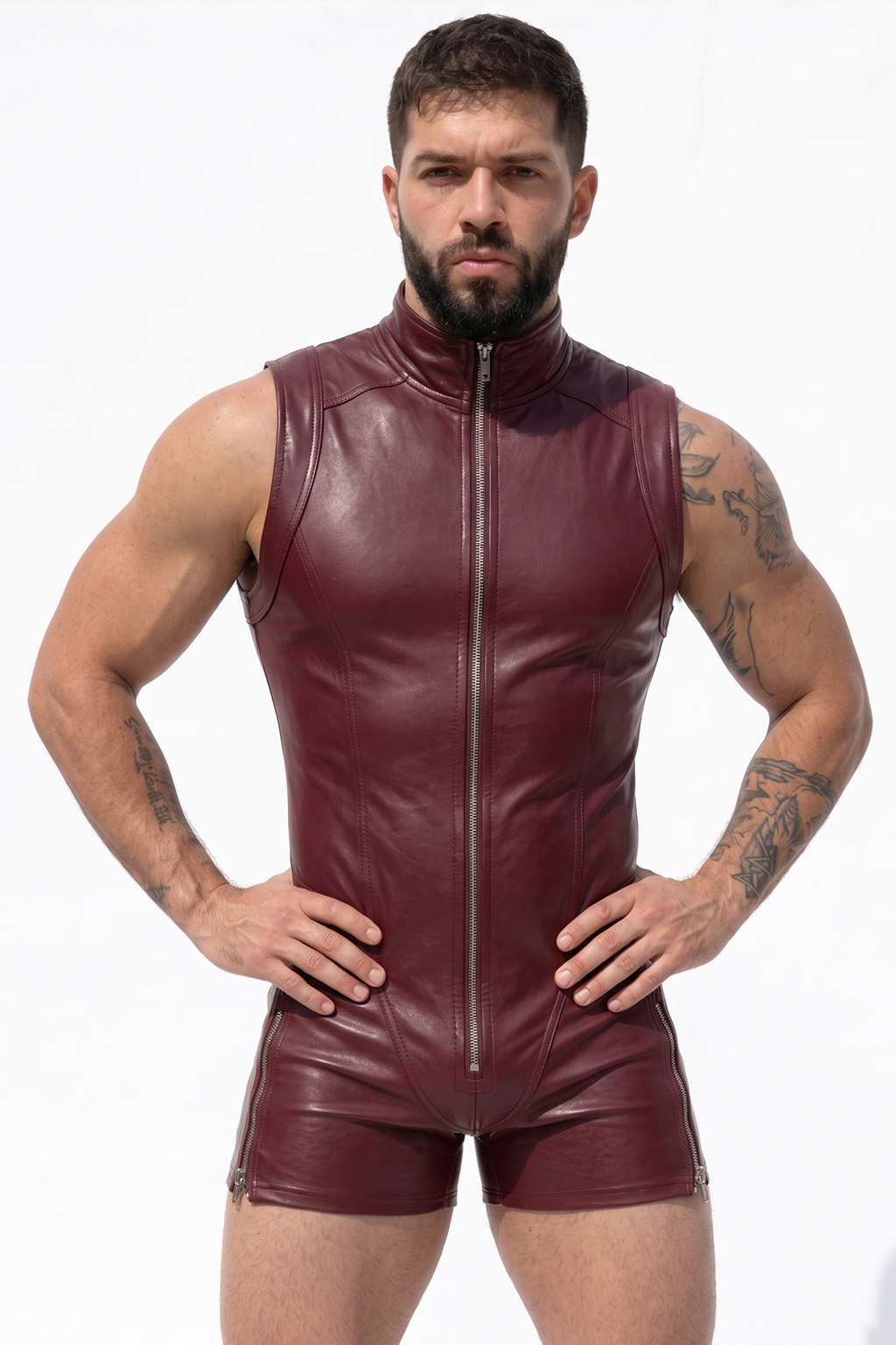 Joylgbt Men’s Burgundy Faux Leather Sleeveless Zip Romper
