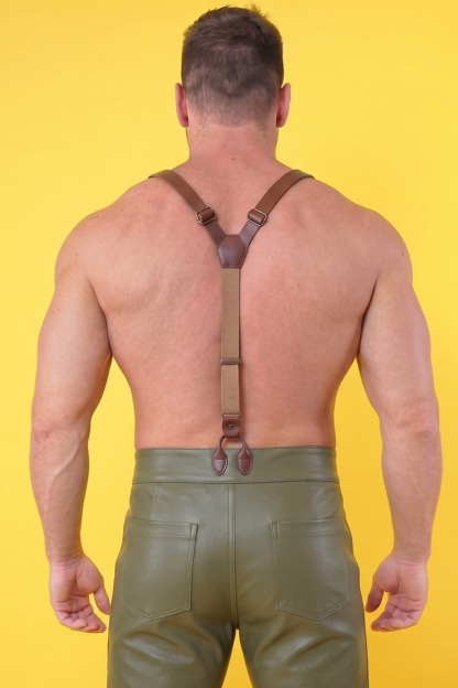 Joylgbt Men’s Olive Faux Leather Suspender Jumpsuit