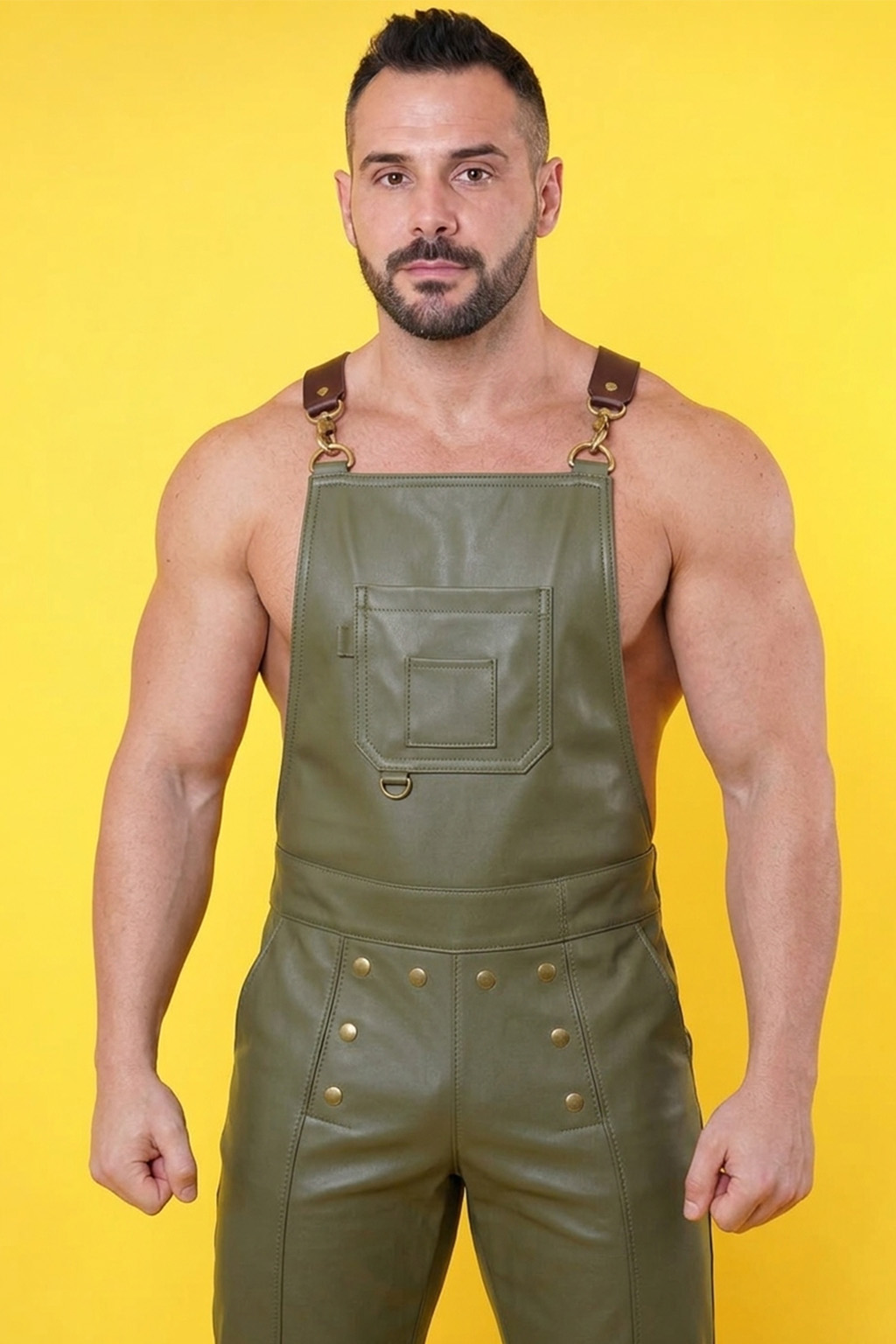 Joylgbt Men’s Olive Faux Leather Suspender Jumpsuit