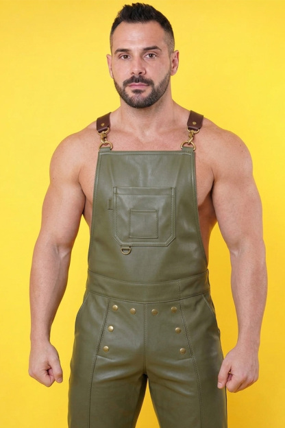 Joylgbt Men’s Olive Faux Leather Suspender Jumpsuit