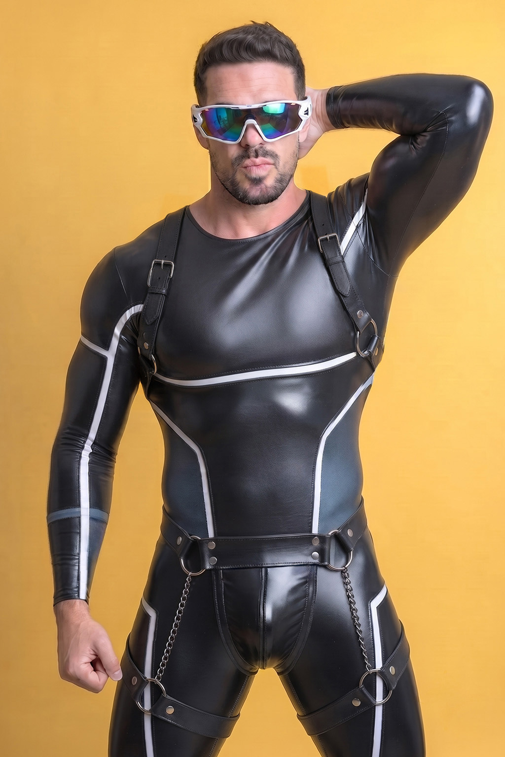 Joylgbt Men’s Black Glossy Long Sleeve Bodysuit Set