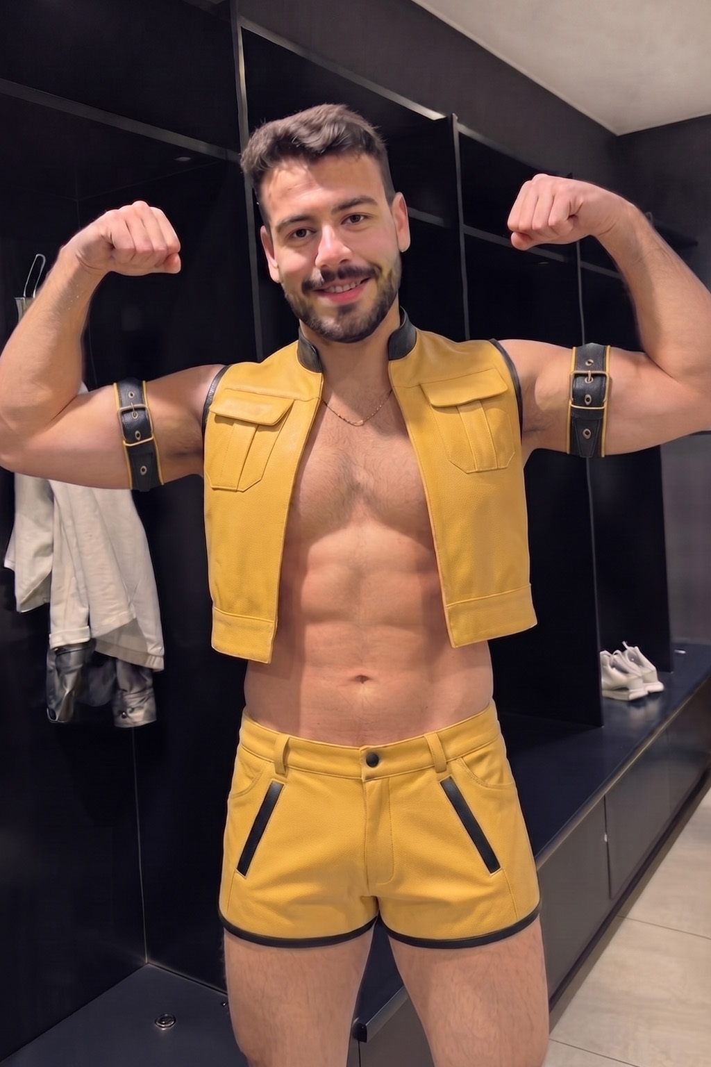 Joylgbt Men’s Retro Motorcycle Style Leather Crop Vest & Shorts Two-Piece Set