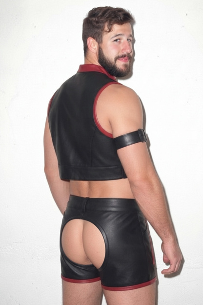 Joylgbt Men’s Retro Motorcycle Style Leather Crop Vest & Shorts Two-Piece Set